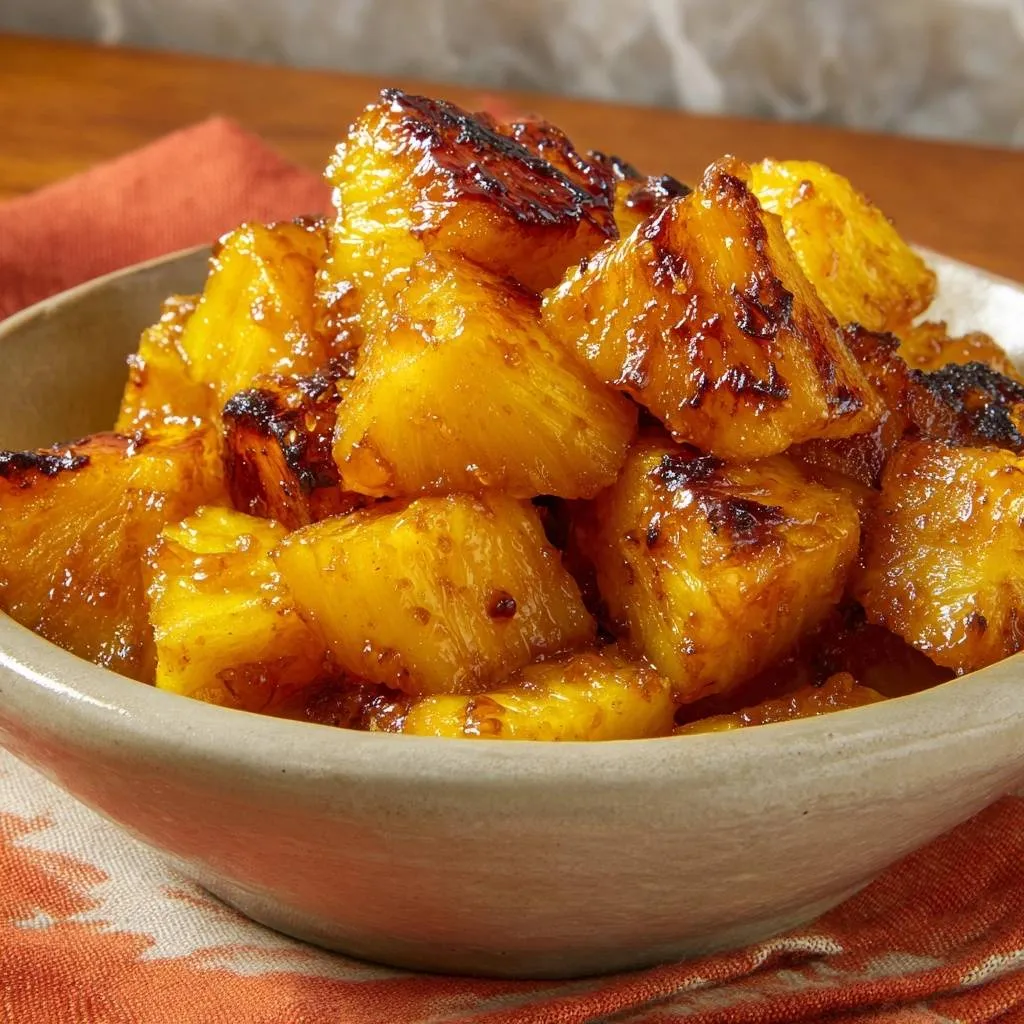 Skillet caramelized pineapple cubes in a bowl, showcasing their glossy, seared edges and sweet, golden appearance.