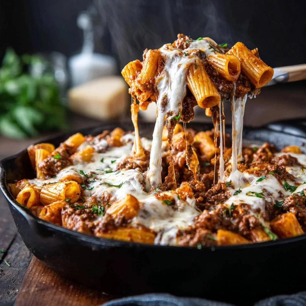 Skillet cheesy rigatoni bolognese with a generous gooey cheese pull being lifted from the pan.
