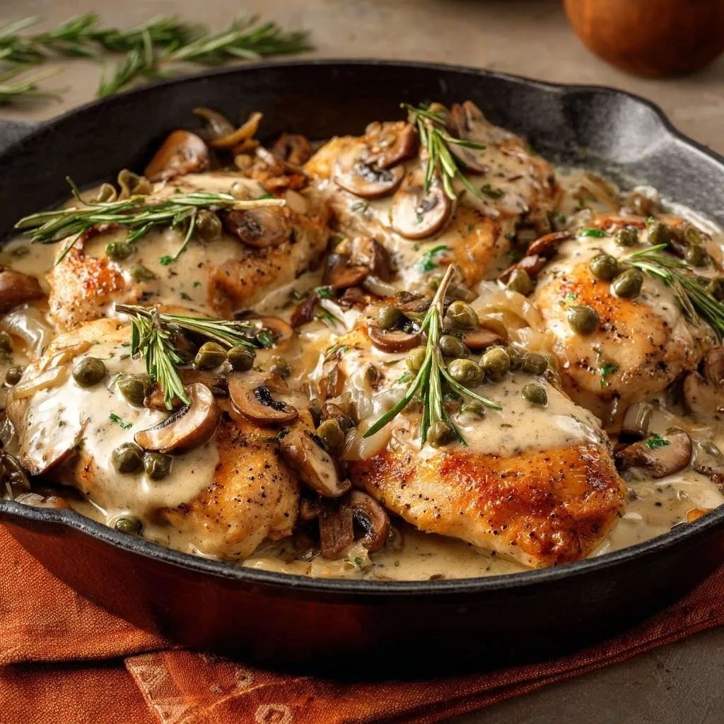 Skillet chicken with creamy mushrooms, capers & pearl onions served in a cast-iron skillet, garnished with rosemary.