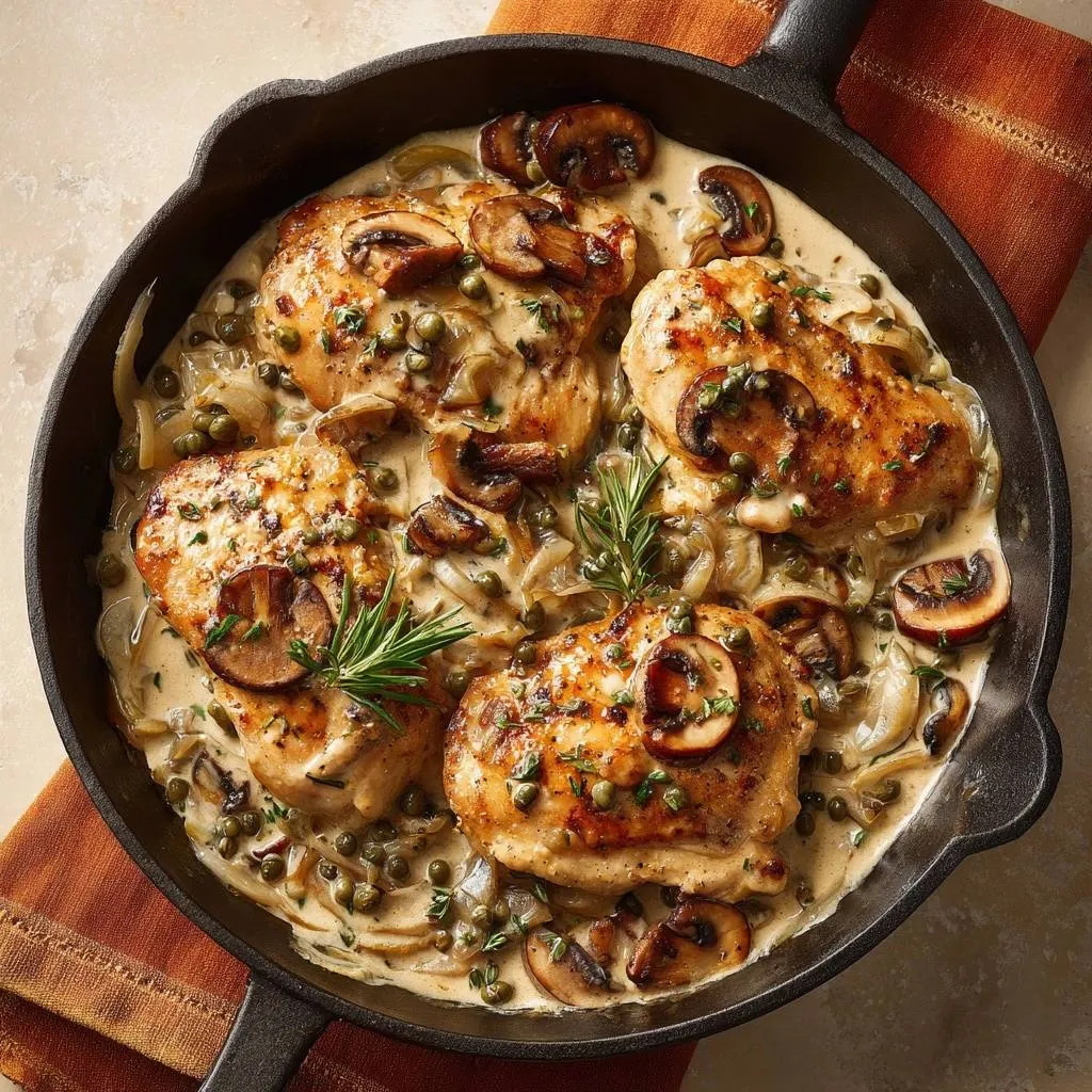 Skillet chicken with creamy mushrooms, capers & pearl onions, presented in a cast iron pan from an overhead view.