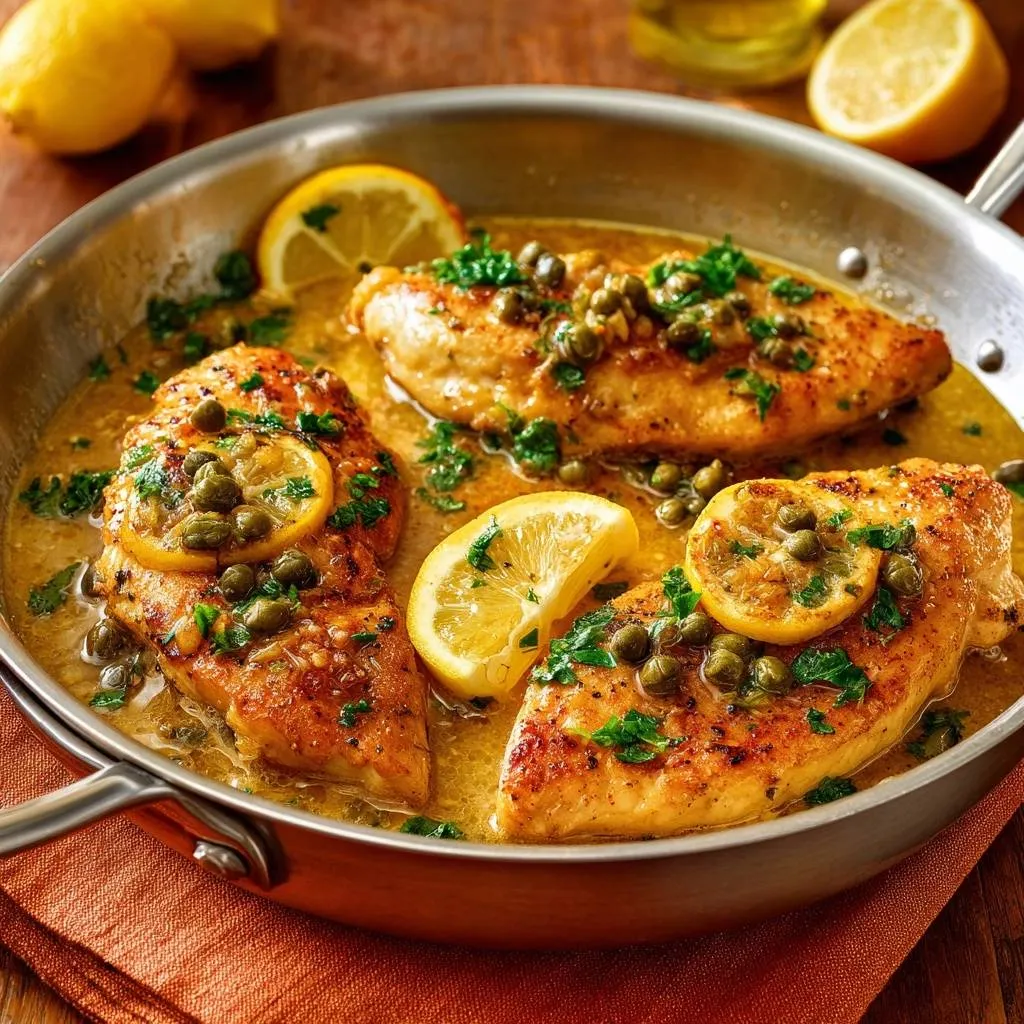 Skillet lemon caper chicken served in a pan with a glistening lemon butter sauce and capers.