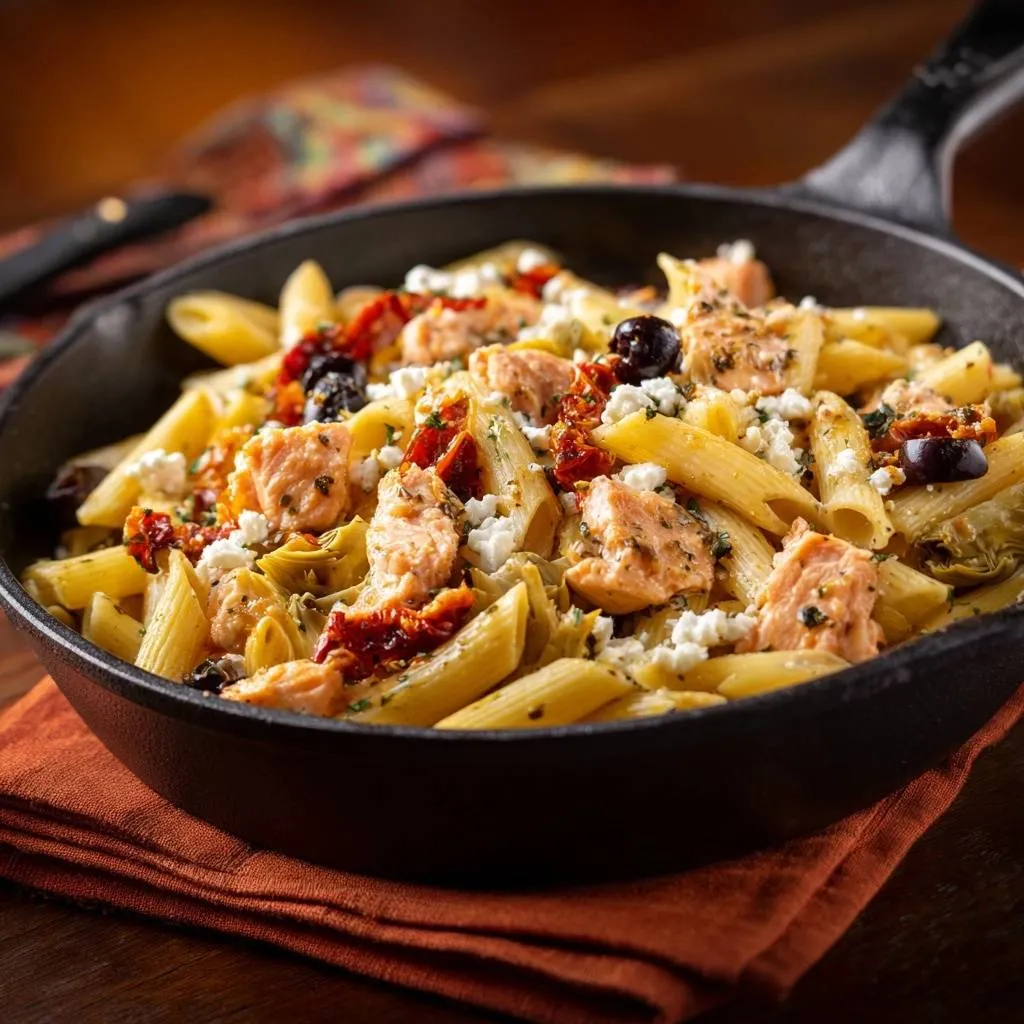 Skillet salmon penne with sun-dried tomatoes, olives & feta shown close-up in a cast iron skillet.