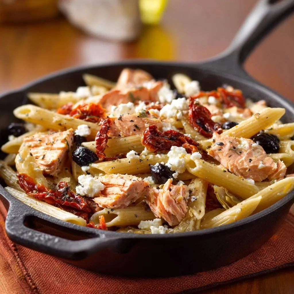 Skillet Salmon Penne with Sun-Dried Tomatoes, Olives & Feta - recipe image