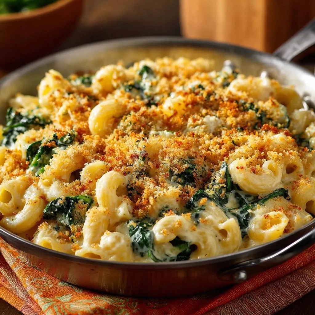 Skillet spinach mac and cheese with a golden, toasted breadcrumb topping in a stainless steel pan.
