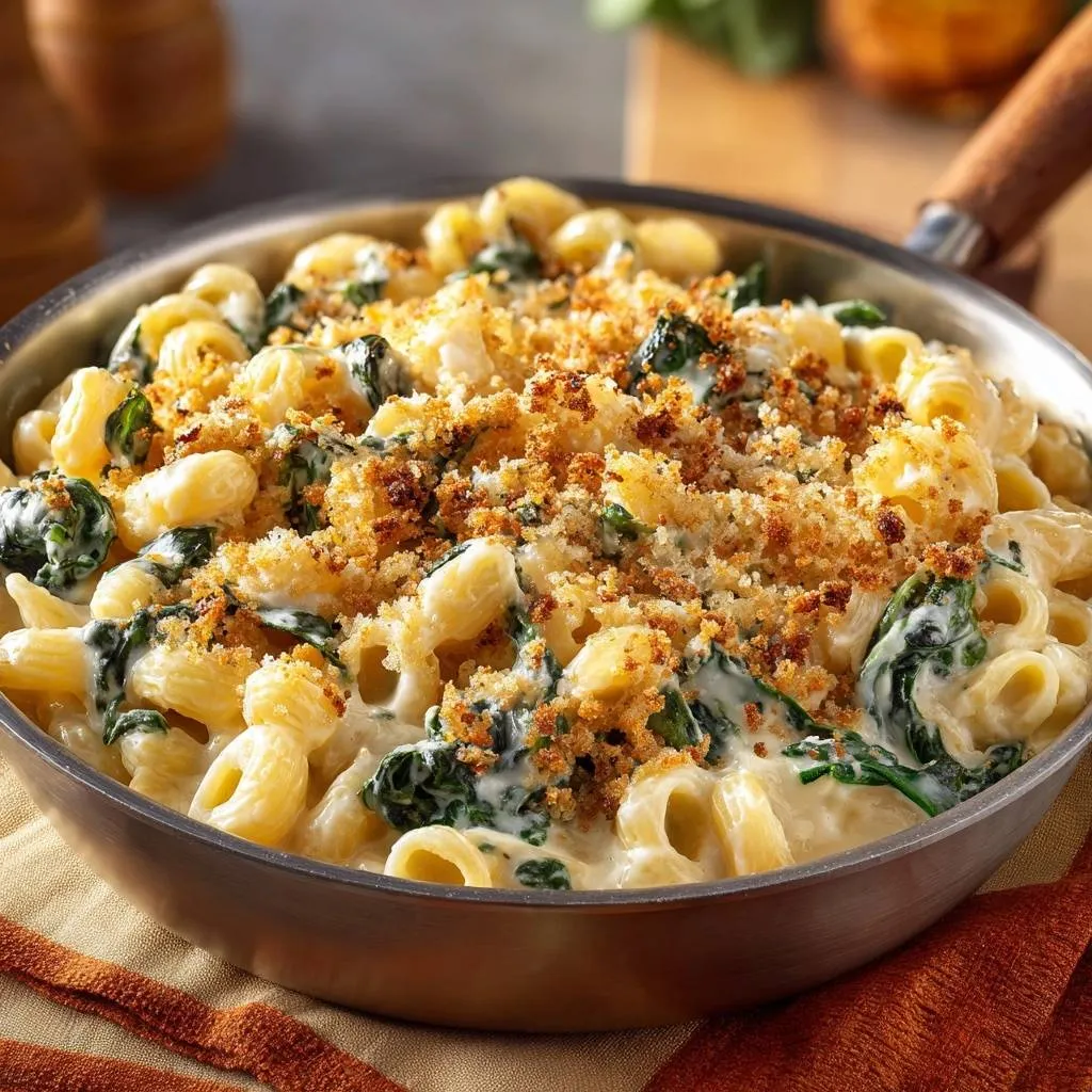 Skillet spinach mac and cheese features a topping of golden breadcrumbs mixed with pasta and greens.