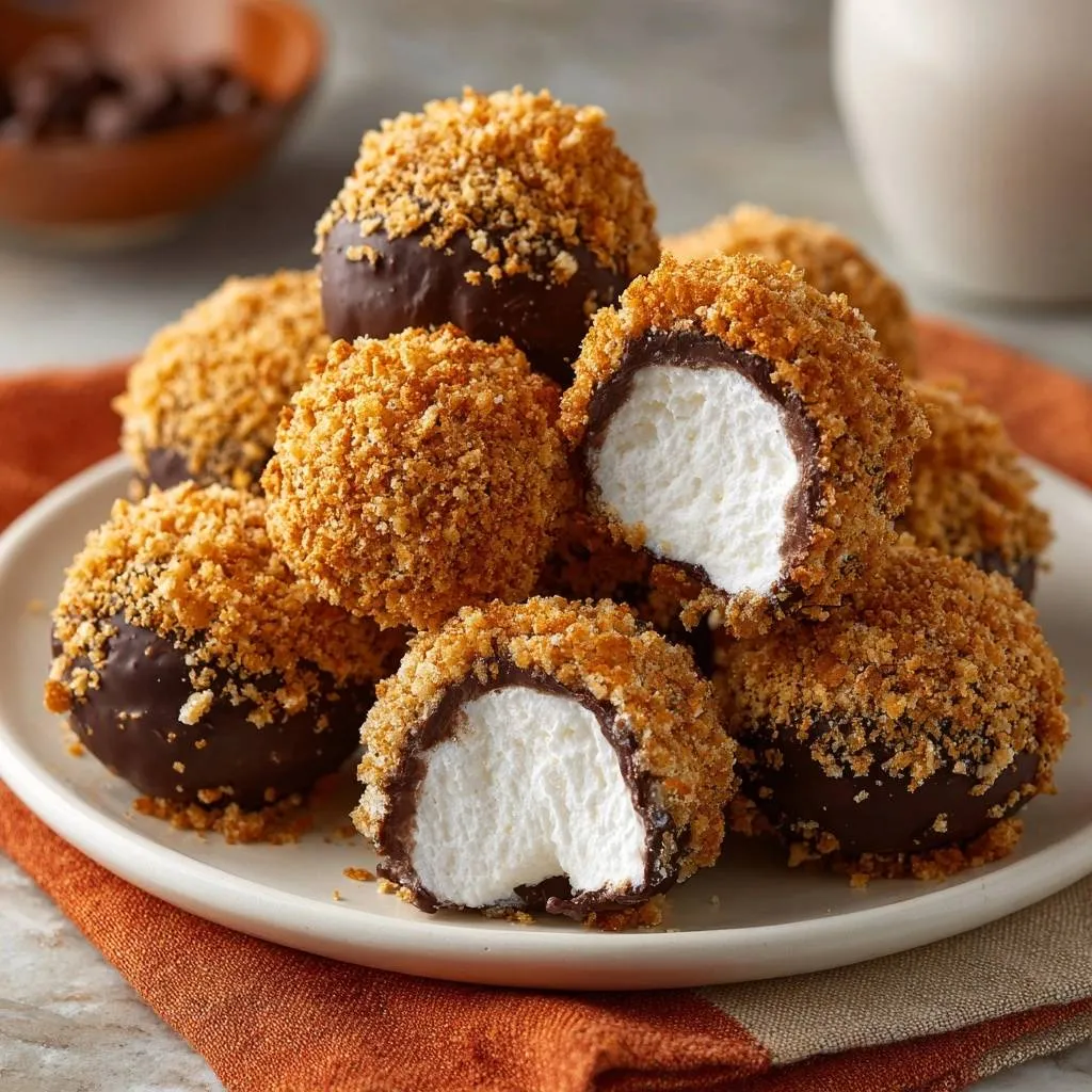 Gooey S'mores Truffles with Crunchy Shells shown in a close-up cross-section revealing the marshmallow interior.
