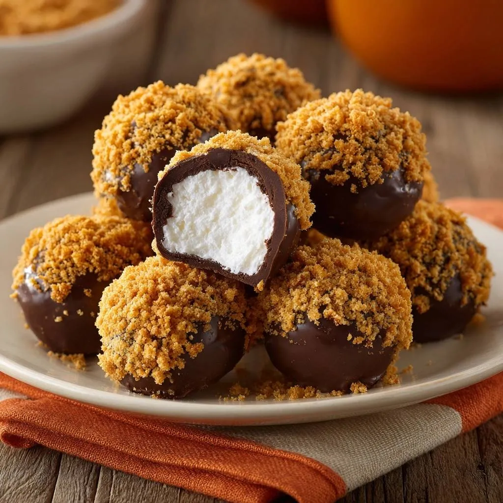 Gooey S'mores Truffles with Crunchy Shells, showing a close-up cross-section revealing the white marshmallow filling.