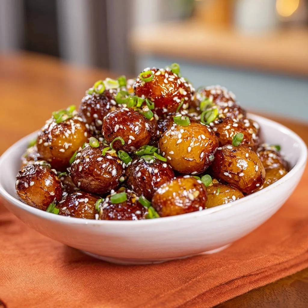 Soy honey glazed baby potatoes served in a white bowl, generously garnished with sesame seeds and chopped green onions.