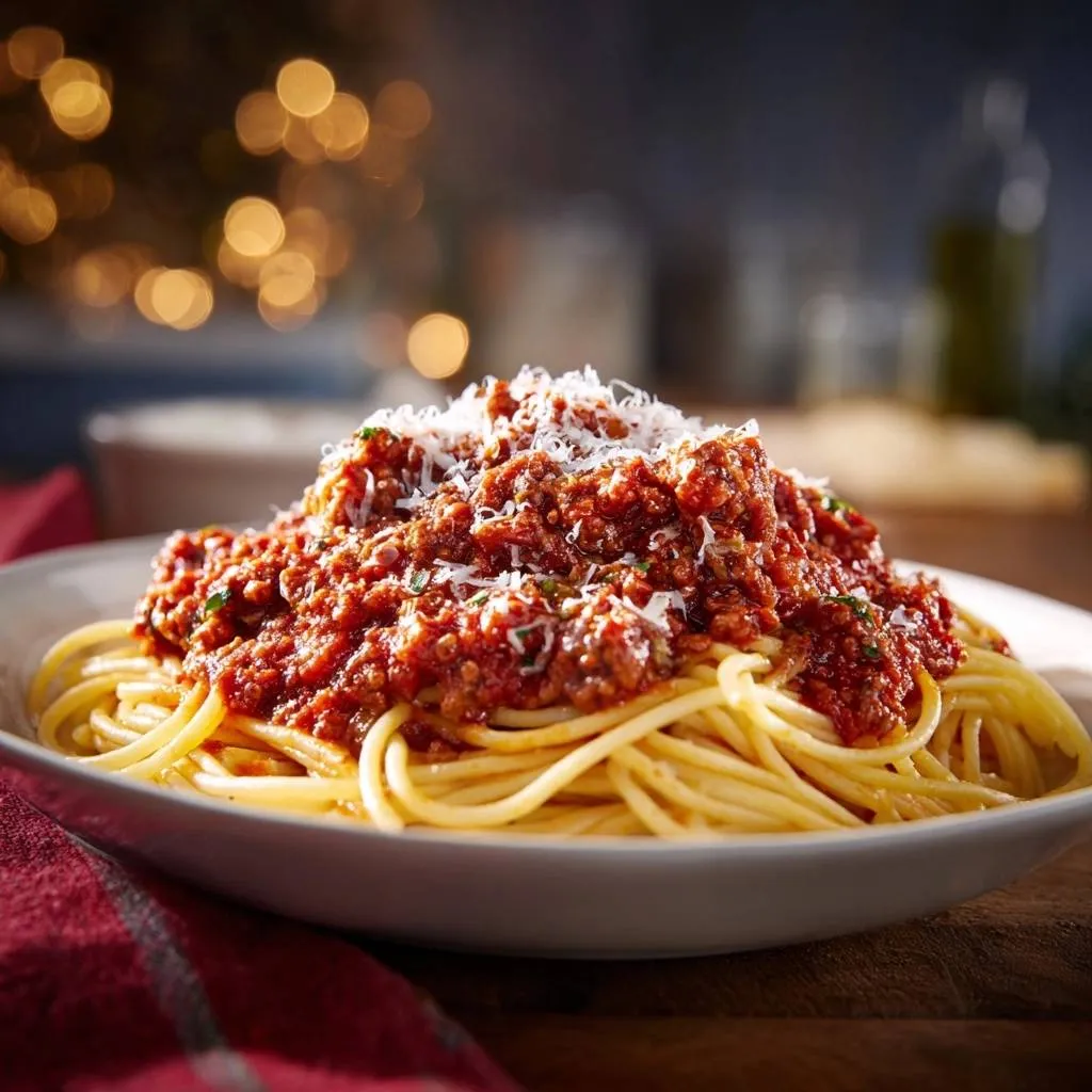 Spaghetti with meaty ragu served in a bowl, topped with grated cheese and a rich tomato sauce.