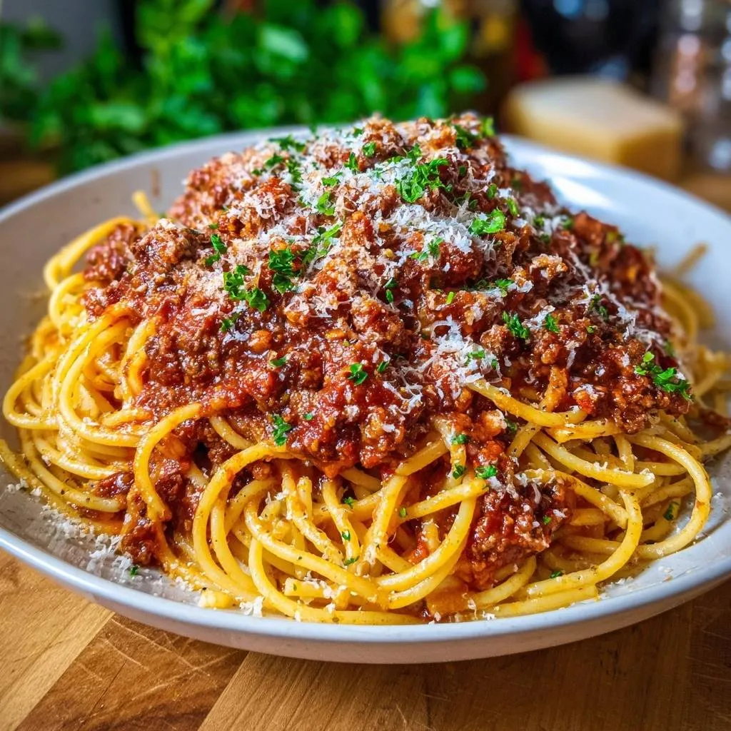 Spaghetti with meaty ragu topped with grated cheese and fresh parsley in a white bowl.