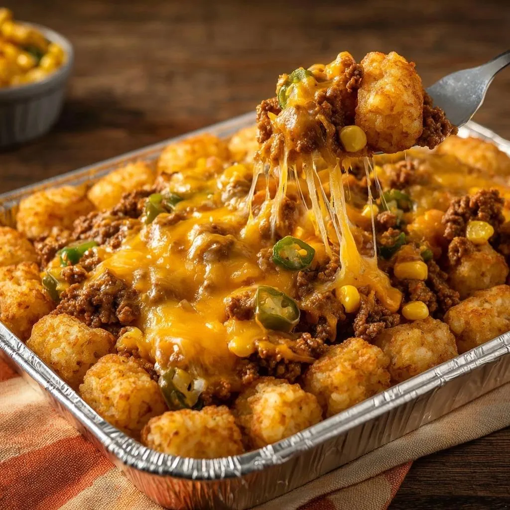 Spicy beef tater tot casserole with a fork lifting a cheesy, melty portion, showing jalapeños and corn.