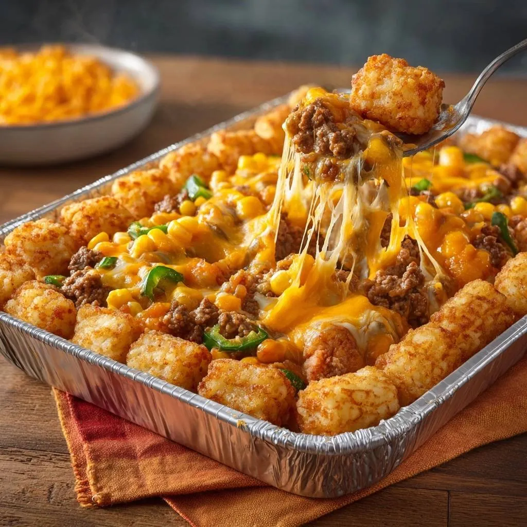 Spicy beef tater tot casserole with a spoonful lifting melted cheese and a tater tot.