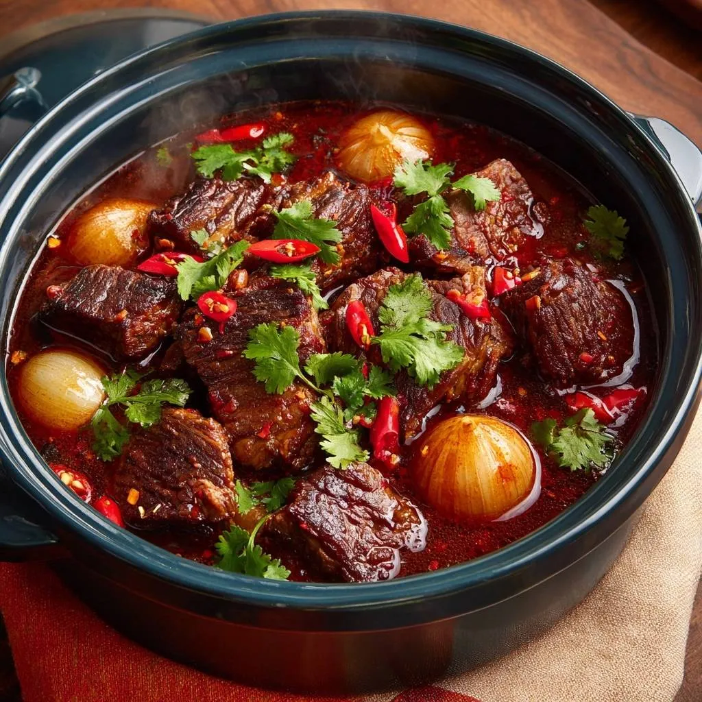 Spicy braised beef with pearl onions served in a dark pot, showcasing the rich broth and garnishes.