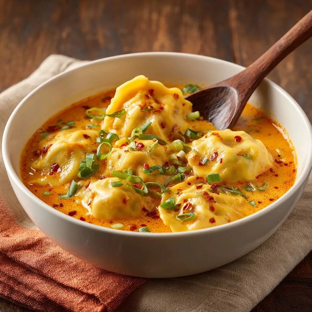 Spicy chili oil dumplings shown submerged in a rich, orange broth, garnished with fresh scallions and chili flakes.
