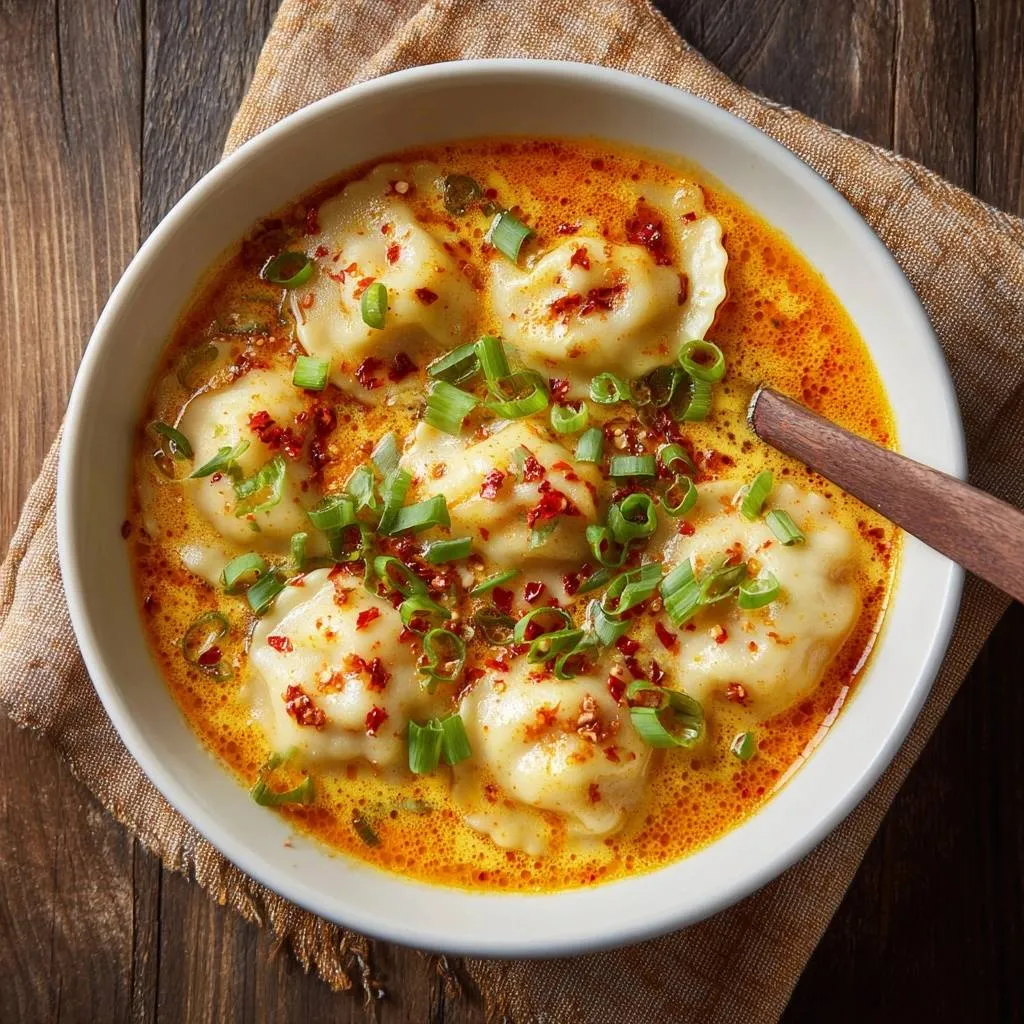 Spicy chili oil dumplings served in a white bowl, garnished with chopped scallions and chili flakes.