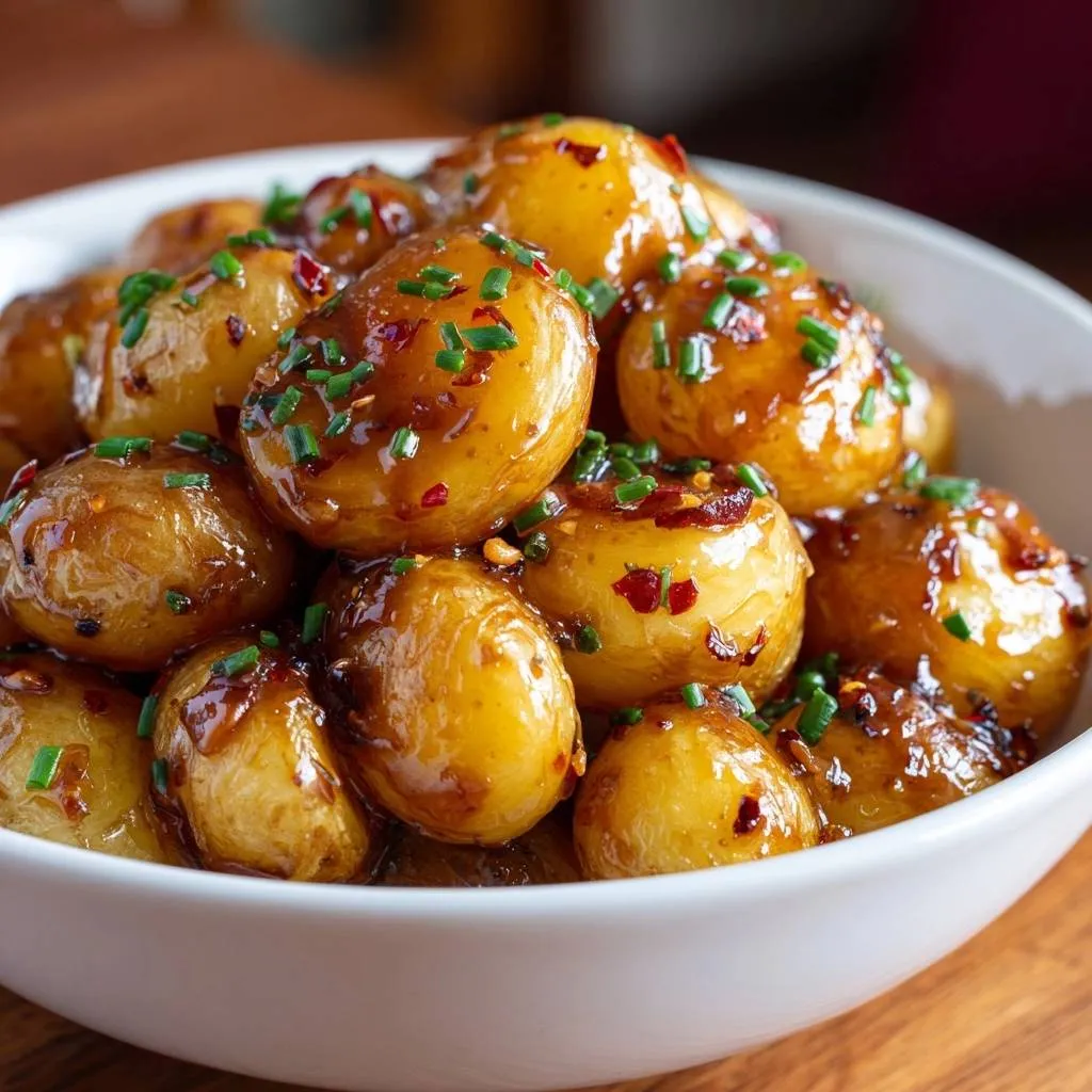Spicy glazed baby potatoes recipe shown in a close-up view, highlighting the glistening sauce and fresh chive garnish.