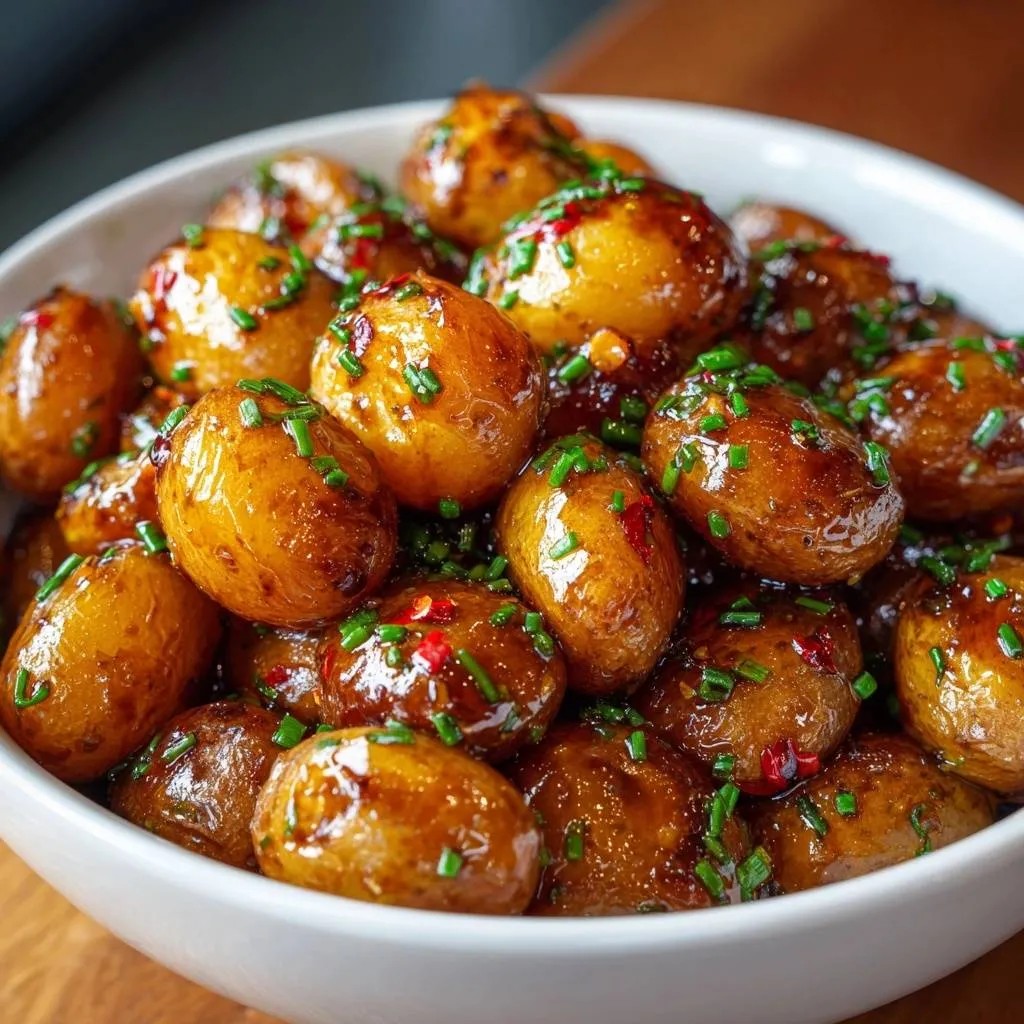 Spicy glazed baby potatoes recipe featuring a close-up view of the glistening potatoes topped with fresh chives and chili flakes.