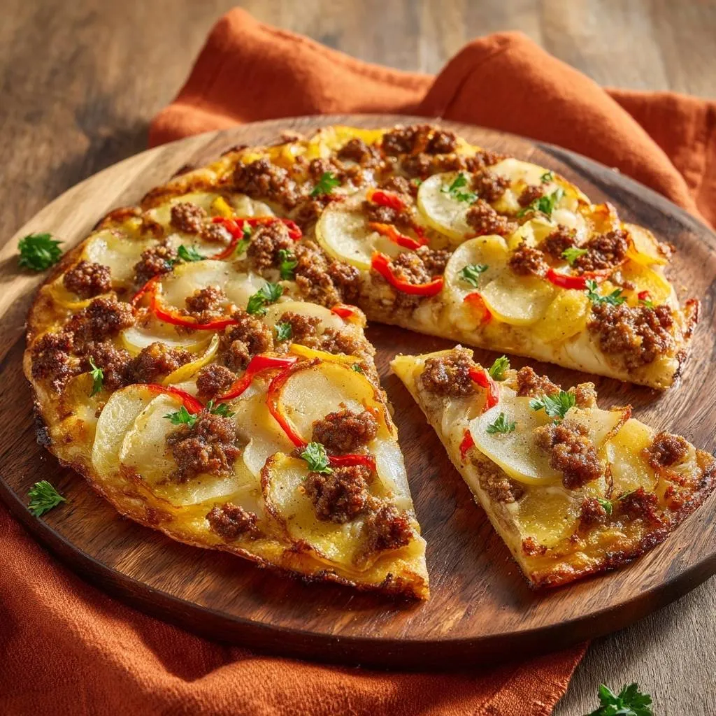 Spicy Potato Beef Pizza sliced and served on a wooden board, showcasing its toppings and crust.