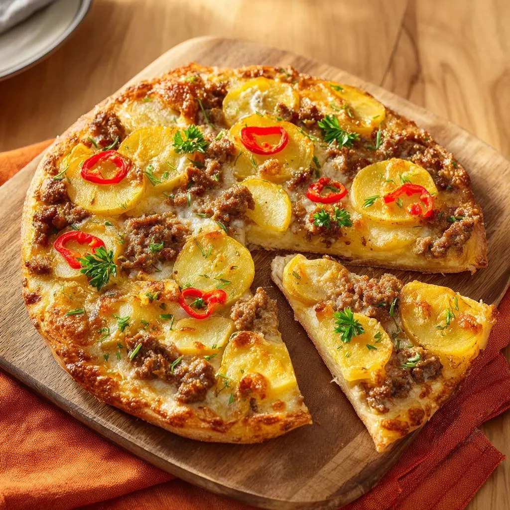 Spicy potato beef pizza sliced and served on a wooden board, showcasing its toppings.
