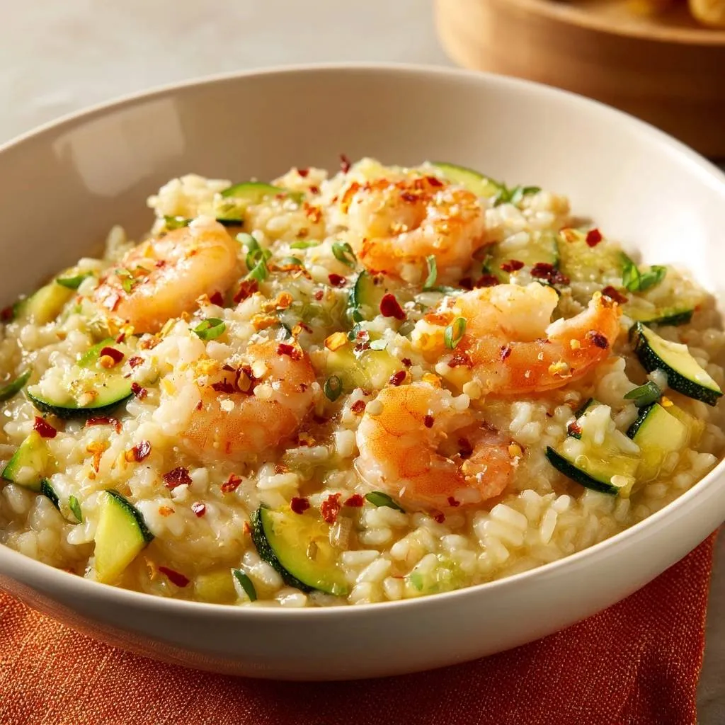 Spicy shrimp zucchini risotto served in a white bowl, showcasing plump shrimp and zucchini slices.
