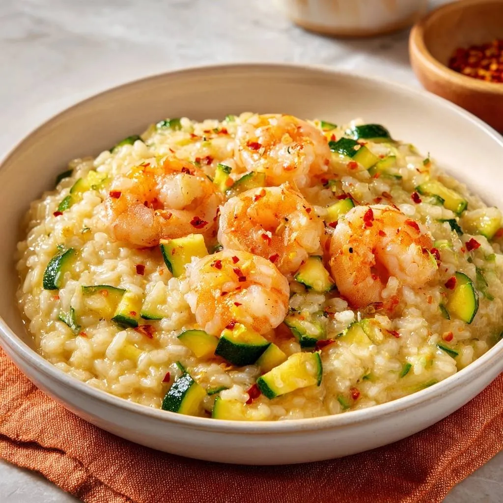 Spicy shrimp zucchini risotto topped with chili flakes, presented in a white bowl with a rustic napkin.
