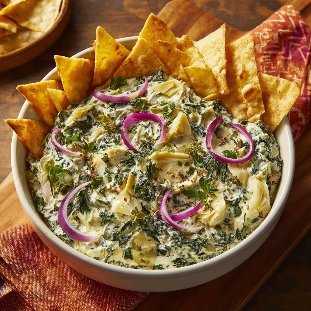 Spinach artichoke dip garnished with red onion rings and tortilla chips, served in a white bowl.