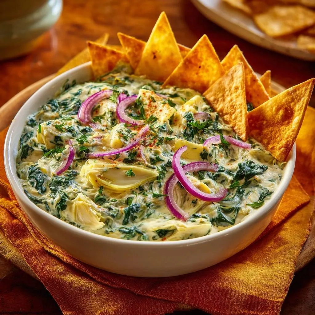 Spinach artichoke dip garnished with red onion rings and tortilla chips in a white bowl.