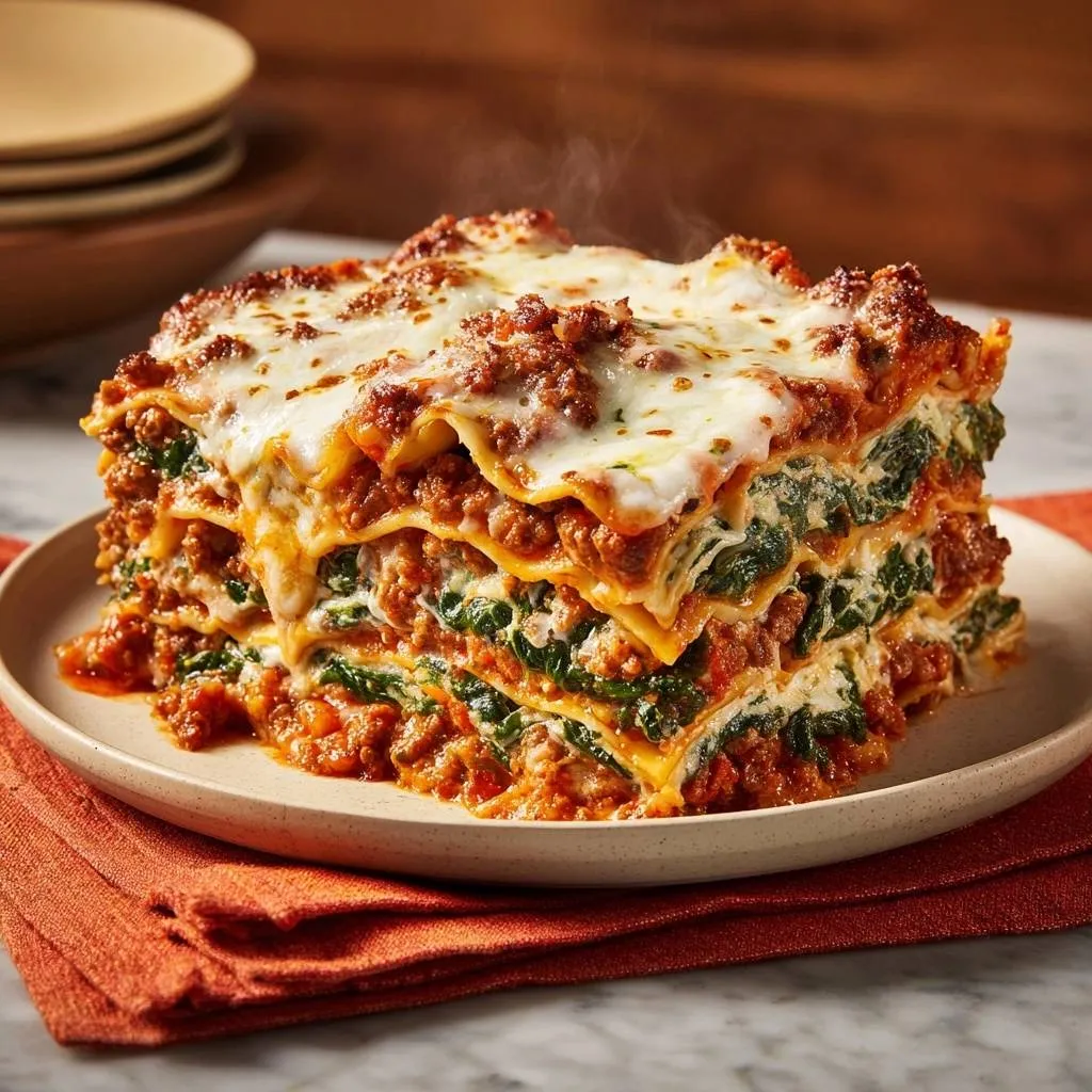 Spinach beef lasagna with layers of meat sauce and cheese, shown in a steaming cross-section on a plate.