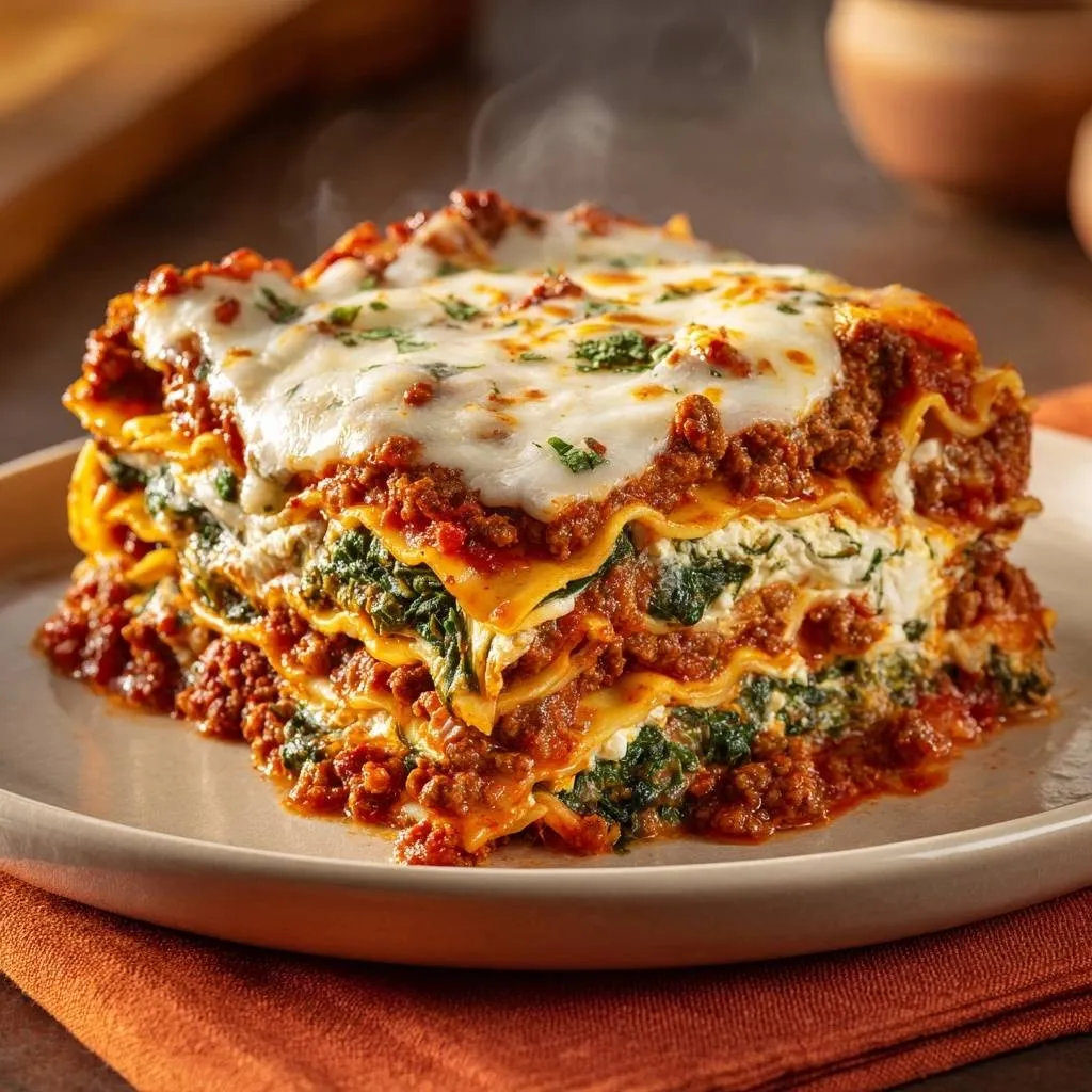 Spinach beef lasagna, a steaming cross-section showing layers of pasta, meat sauce, and spinach filling.
