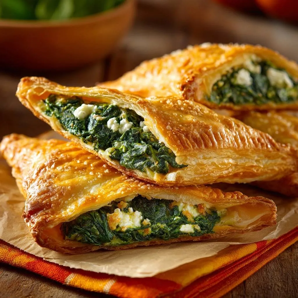 Spinach feta phyllo triangles cross-section revealing the flaky pastry and savory filling within.