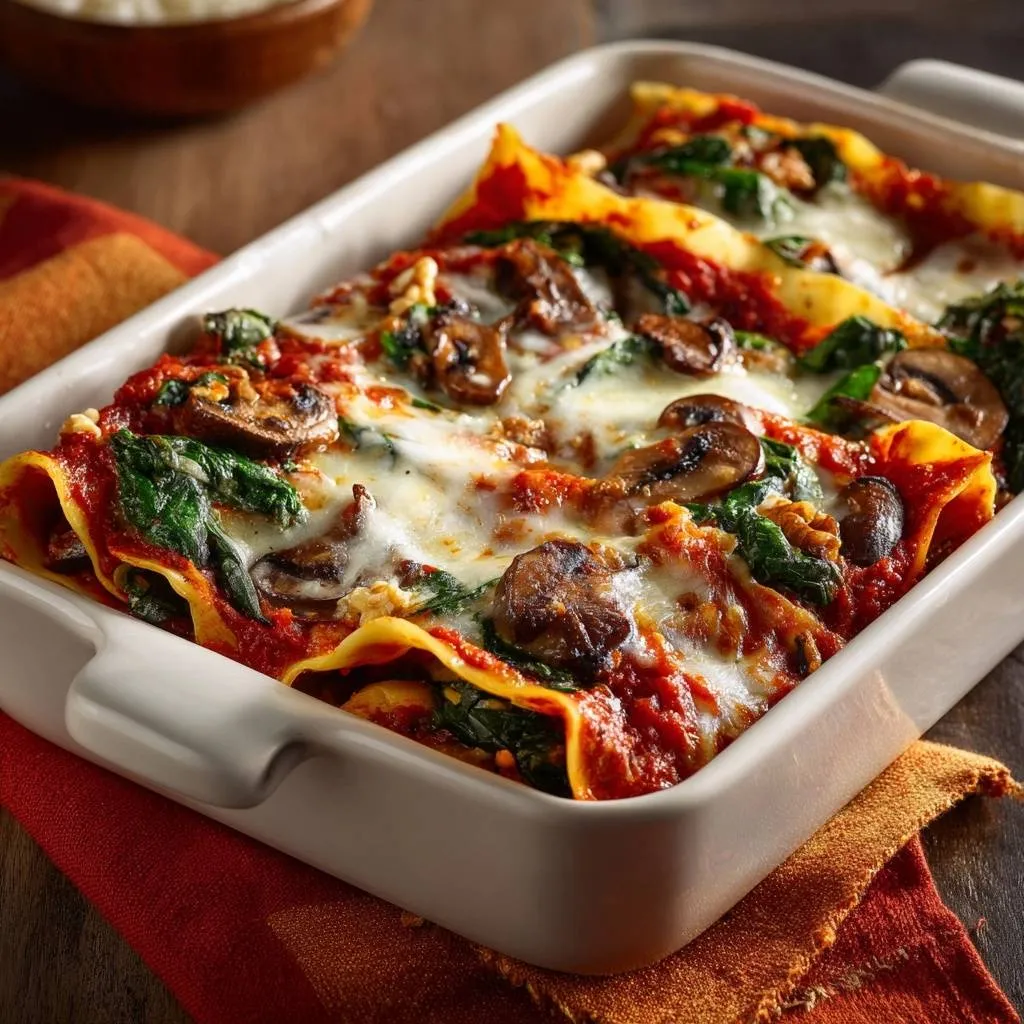 Spinach mushroom walnut lasagna recipe shown close-up in a white baking dish, freshly baked with melted cheese.