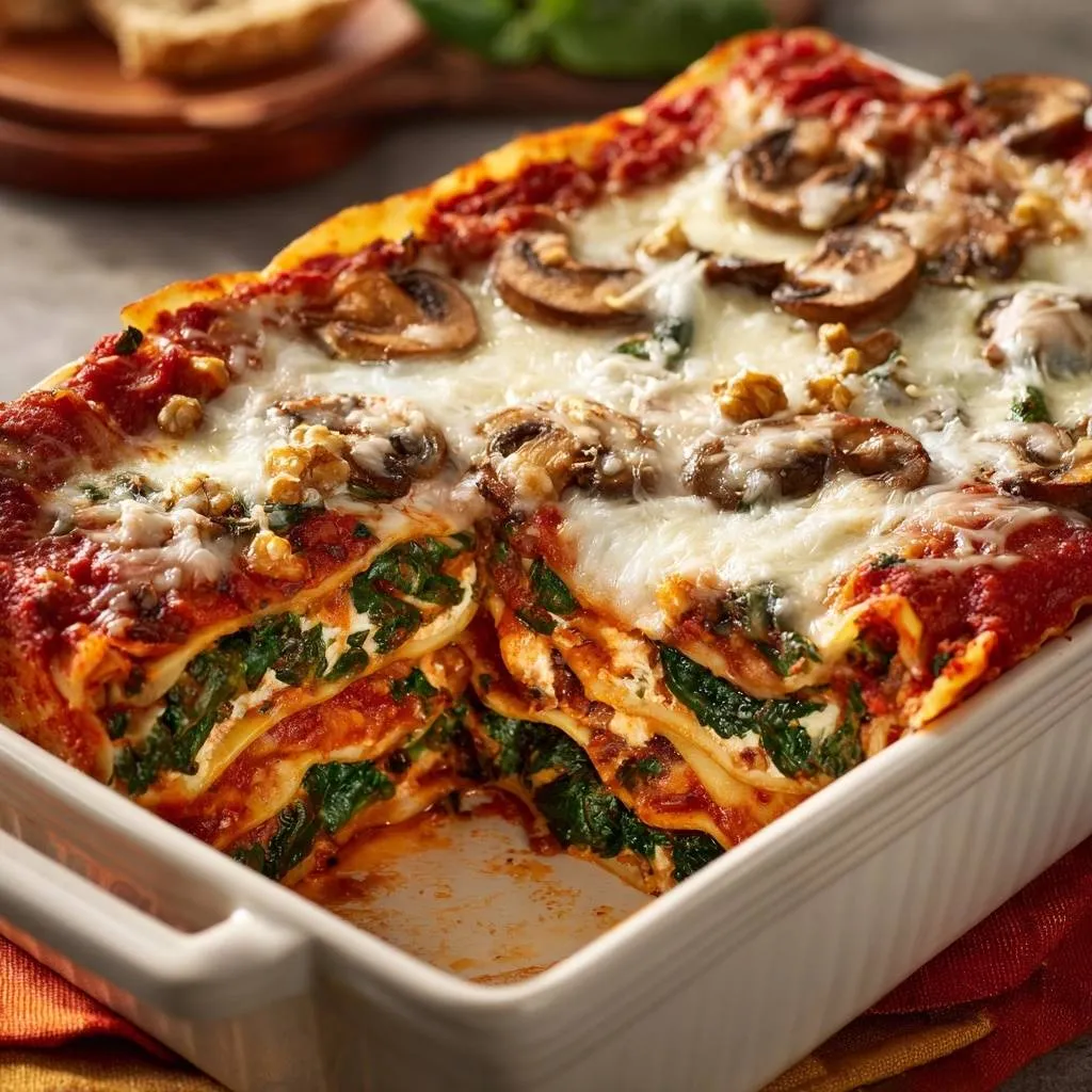Spinach mushroom walnut lasagna shown in a cross-section, highlighting its layered interior and cheesy topping.