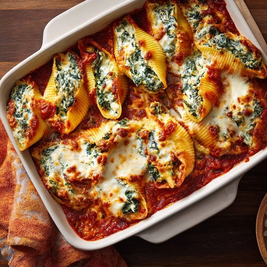 Spinach ricotta manicotti bake with golden-brown cheese topping filling a white baking dish.