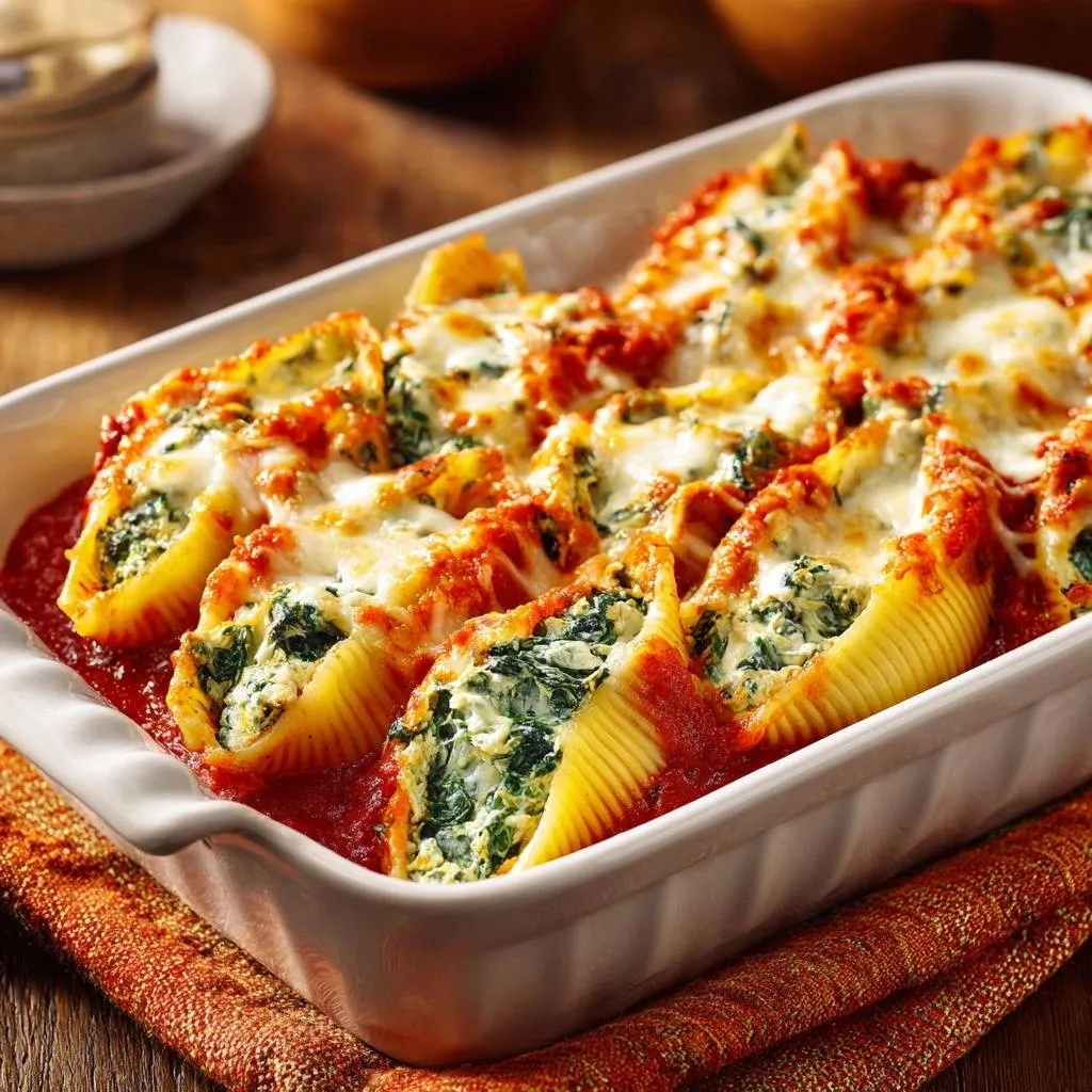 Spinach ricotta manicotti bake with golden edges, baked in a white dish with marinara sauce.