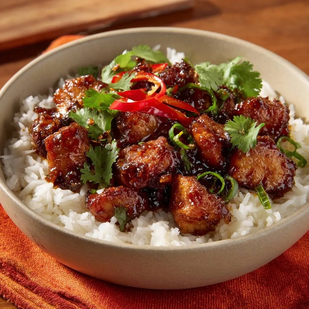 Sticky chili chicken rice bowl recipe shown up close, garnished with fresh cilantro and sliced red chilies.