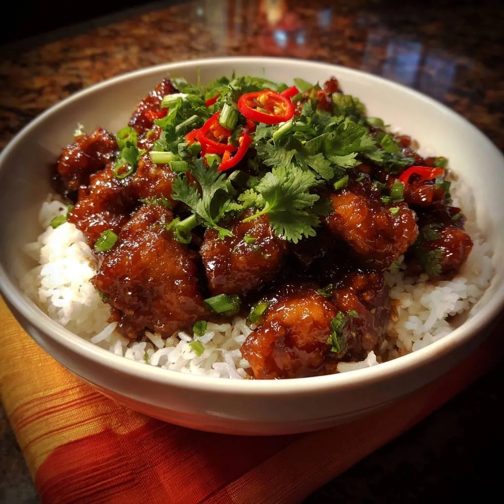 Sticky chili chicken rice bowl recipe, showing a close-up detail of the glistening chicken pieces topped with fresh cilantro and chili slices.