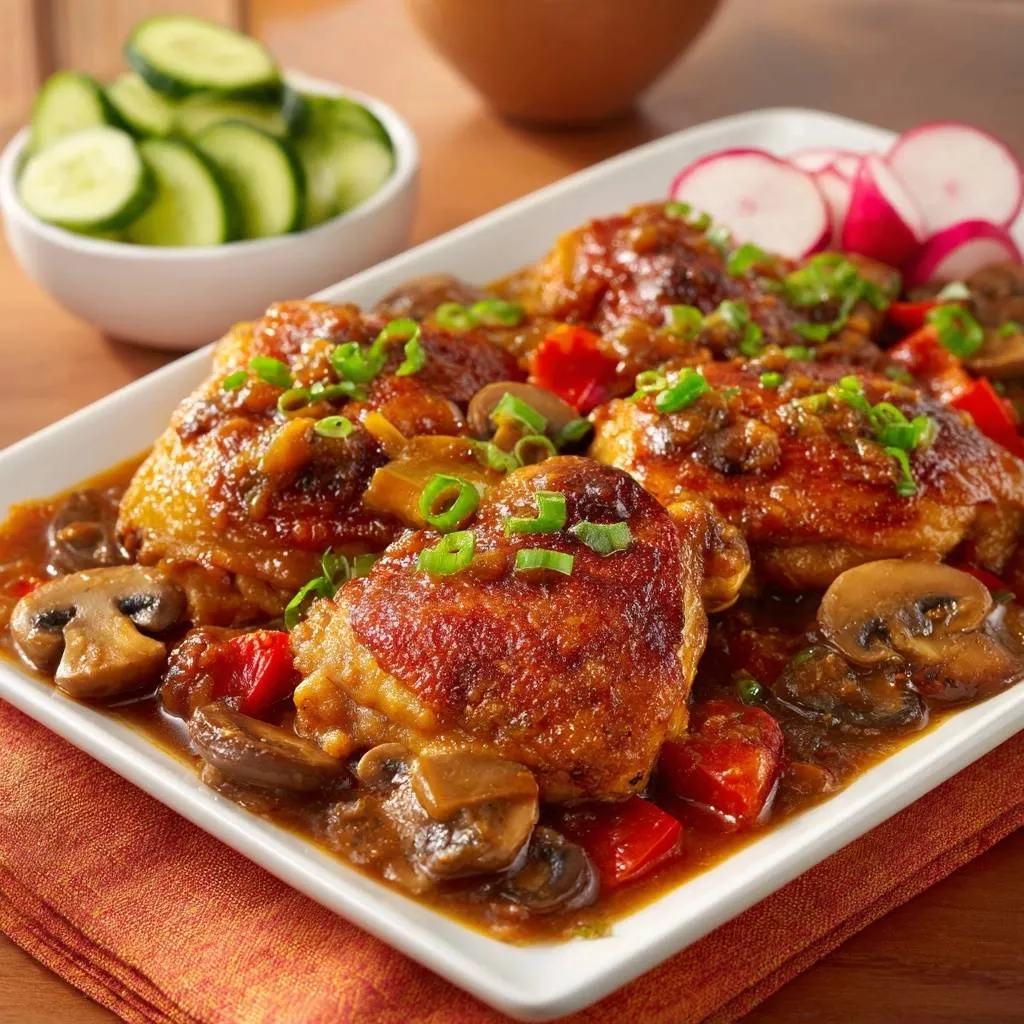 Sticky glazed chicken thighs with mushrooms and peppers served on a white platter with a close-up view of the tender chicken.