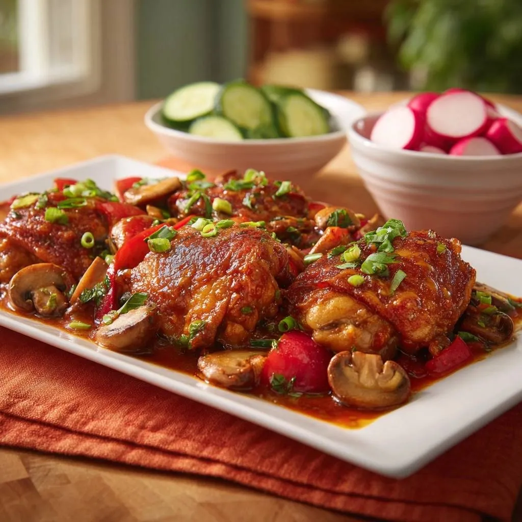 Sticky glazed chicken thighs with mushrooms and peppers served on a white platter with a side of sliced cucumbers and radishes.