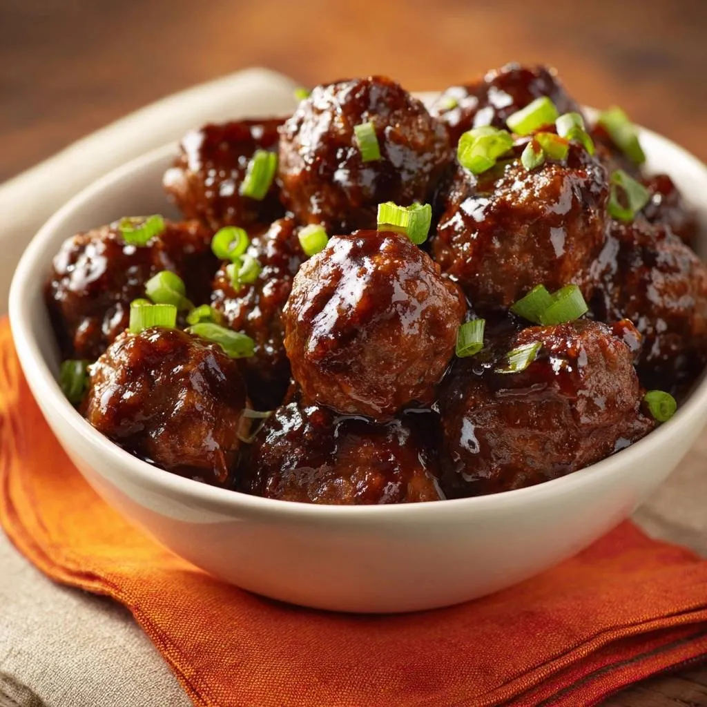 Sticky orange glazed meatballs recipe shown in a bowl with a close-up view of the glistening glaze and green onion garnish.