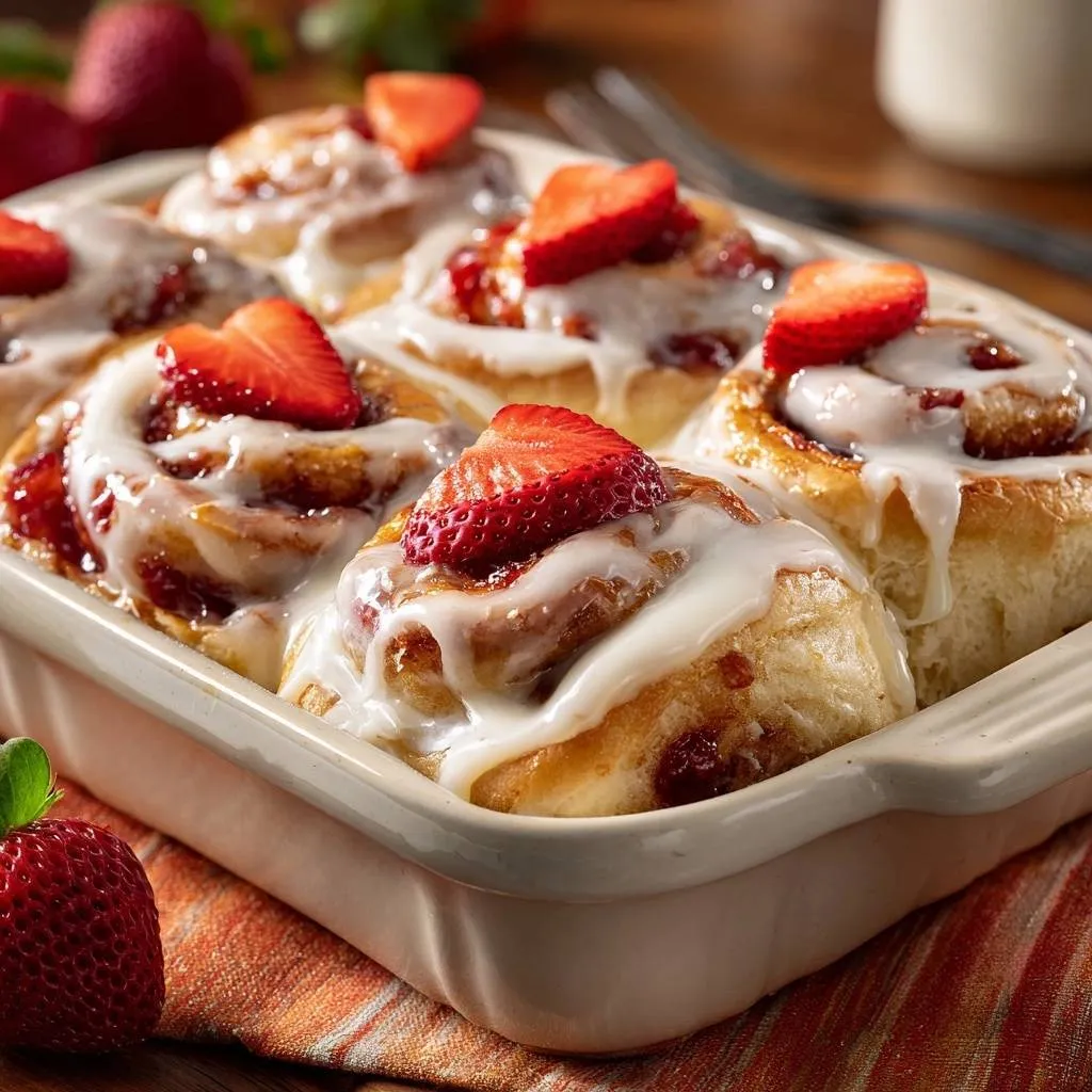 Strawberry rolls with tangzhong for fluffy texture, shown in a baking dish with a close-up view of the glazed tops garnished with fresh strawberry slices.