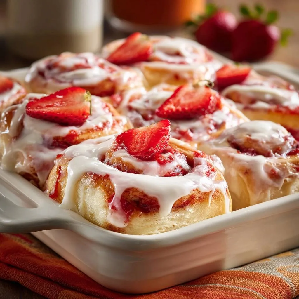 Strawberry rolls with tangzhong, glistening with white glaze and topped with fresh strawberry slices, presented in a white baking dish.
