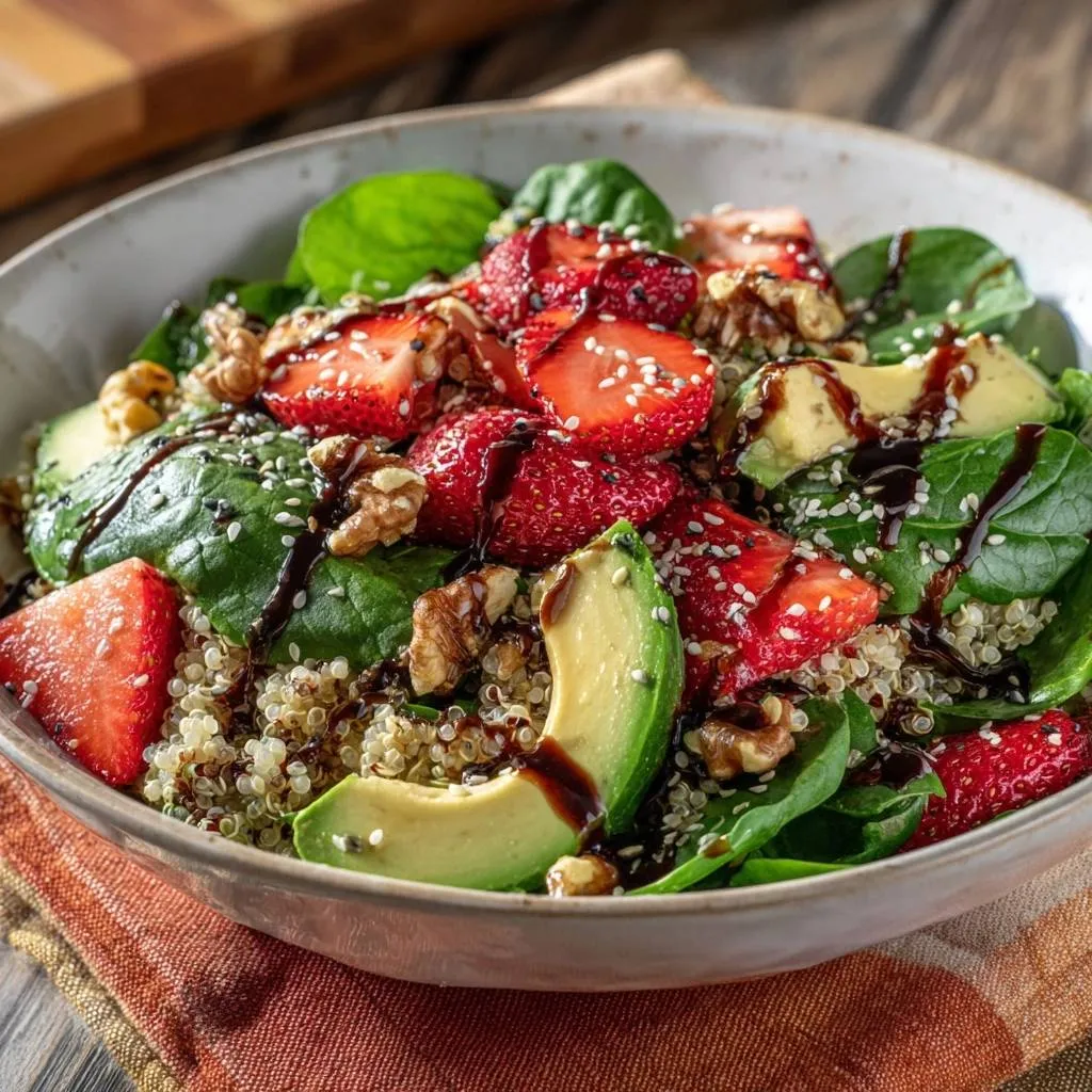 Strawberry spinach quinoa salad drizzled with balsamic glaze and topped with sesame seeds, close-up view.