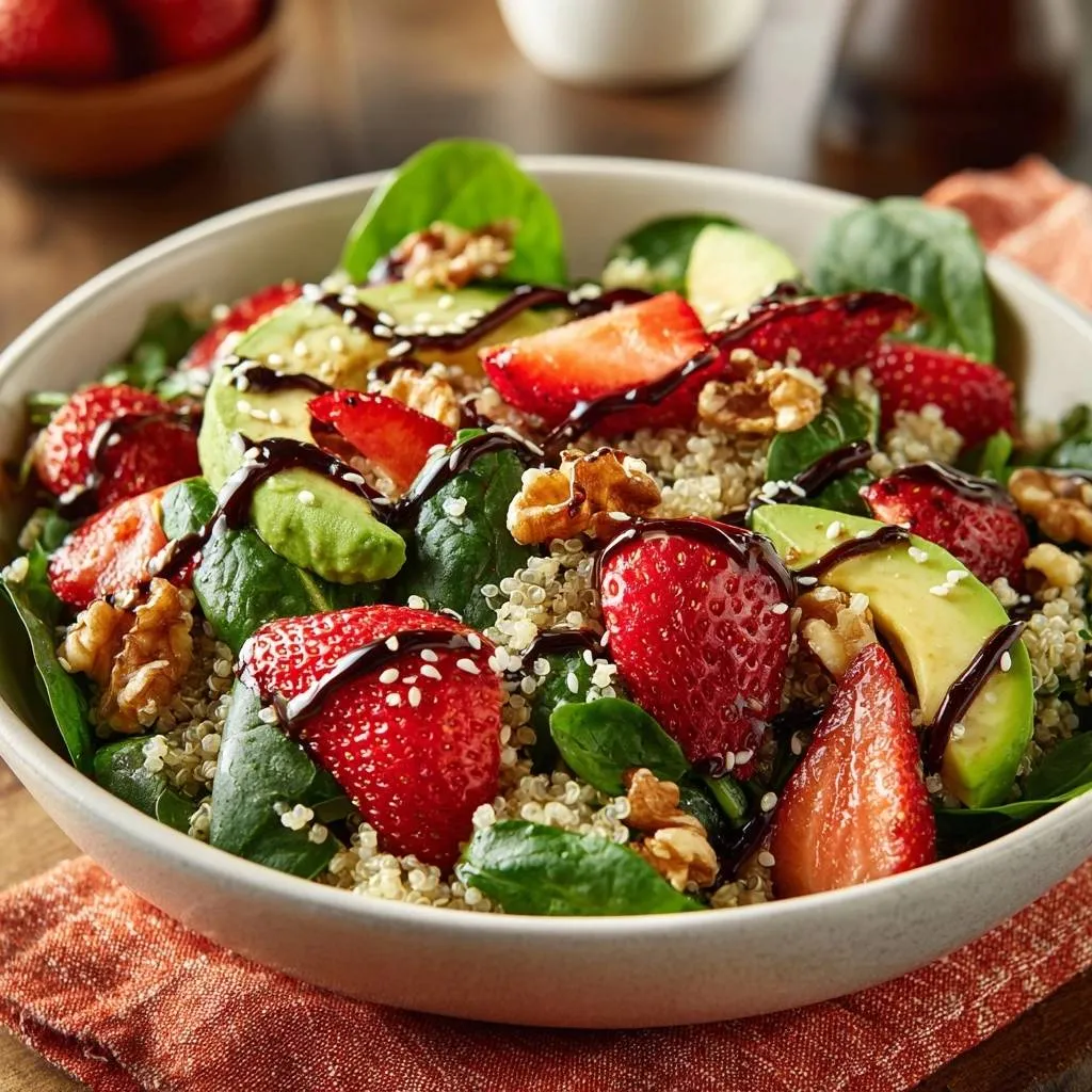 Strawberry spinach quinoa salad drizzled with balsamic glaze and topped with walnuts and avocado slices.