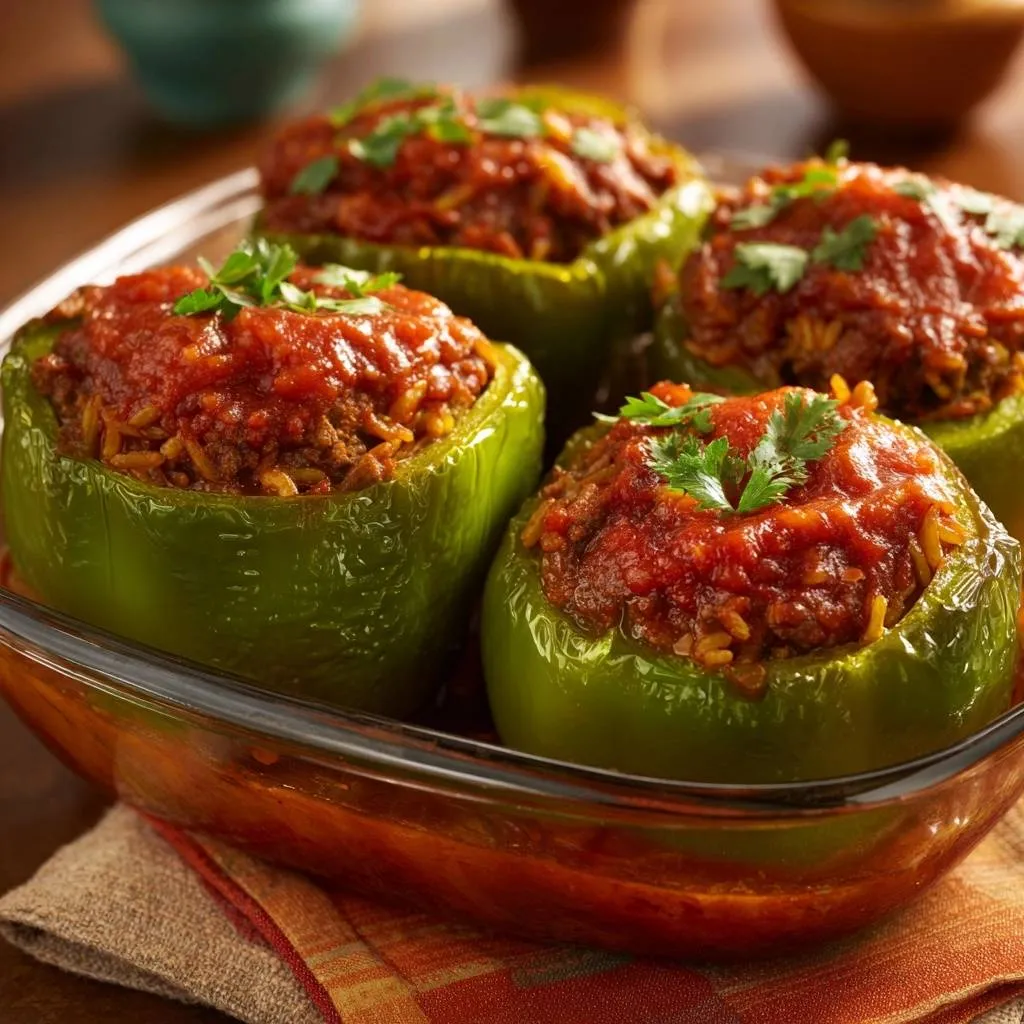 Stuffed bell peppers with a savory meat and rice filling, topped with tomato sauce and parsley, arranged in a glass baking dish.