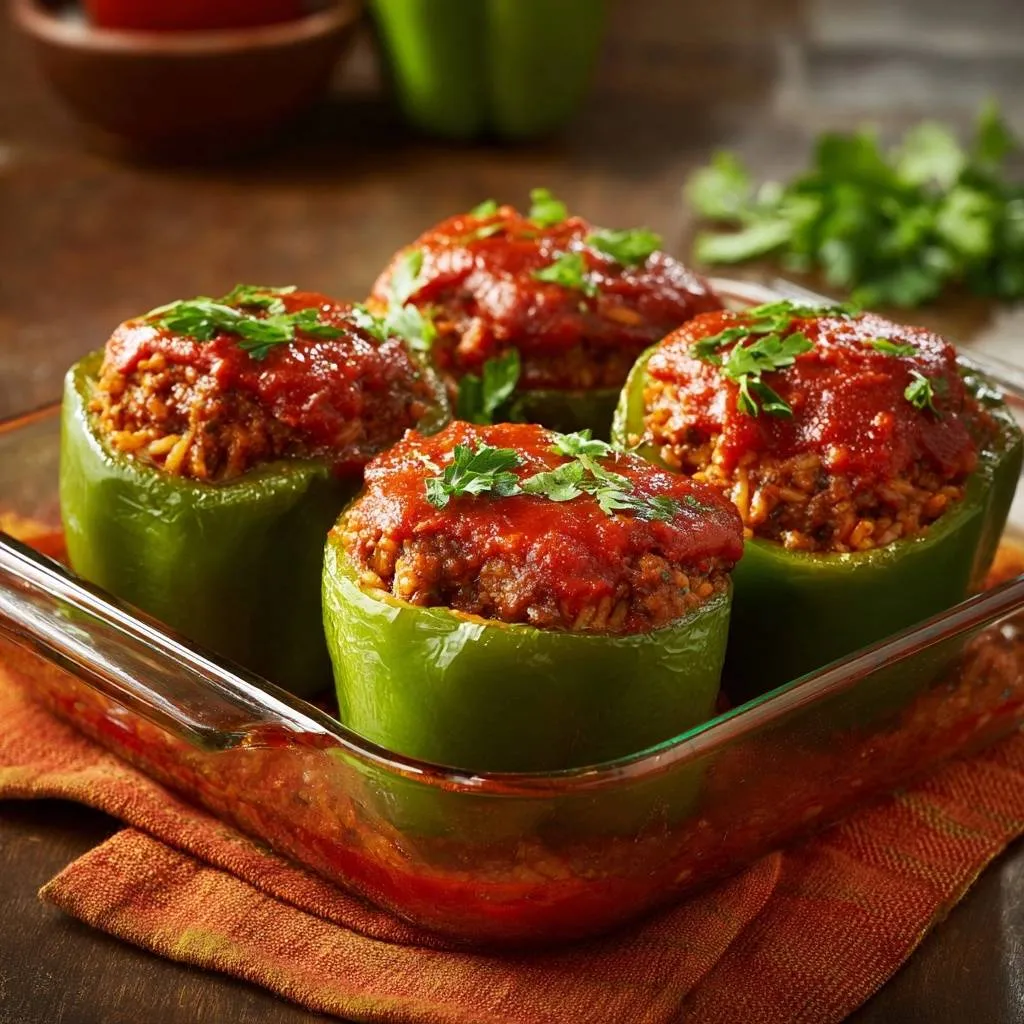 Stuffed bell peppers with a savory filling and tomato sauce, garnished with parsley, presented in a glass baking dish.