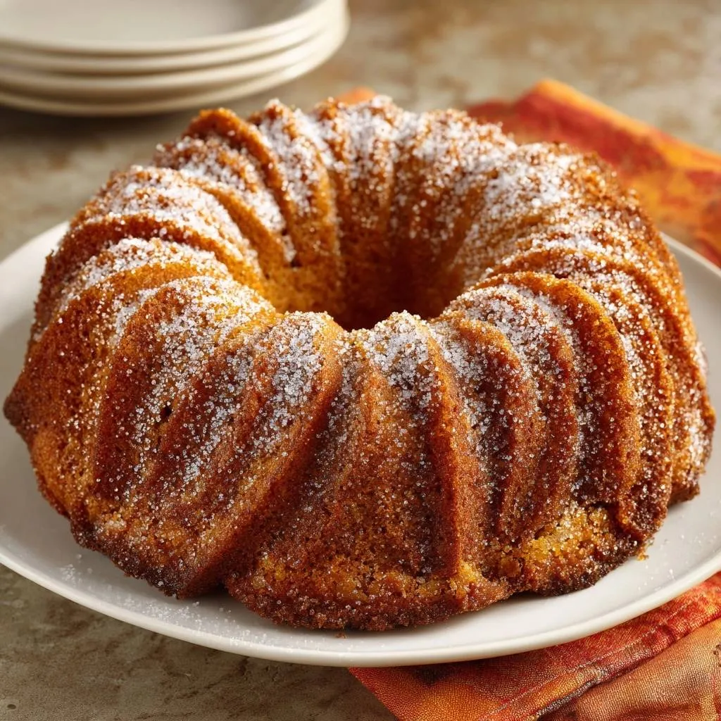 Sugary orange bundt cake dusted with sparkling sugar, presented on a white plate.