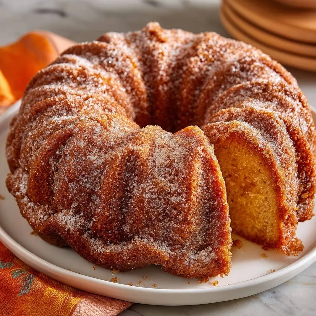 Sugary orange bundt cake with a slice removed showing the detailed crumb and sugared exterior.