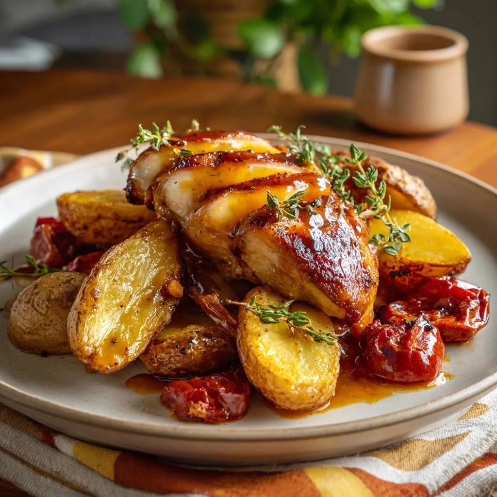 Sun-dried tomato thyme chicken with crispy potato wedges plated and drizzled with sauce, viewed from the side.