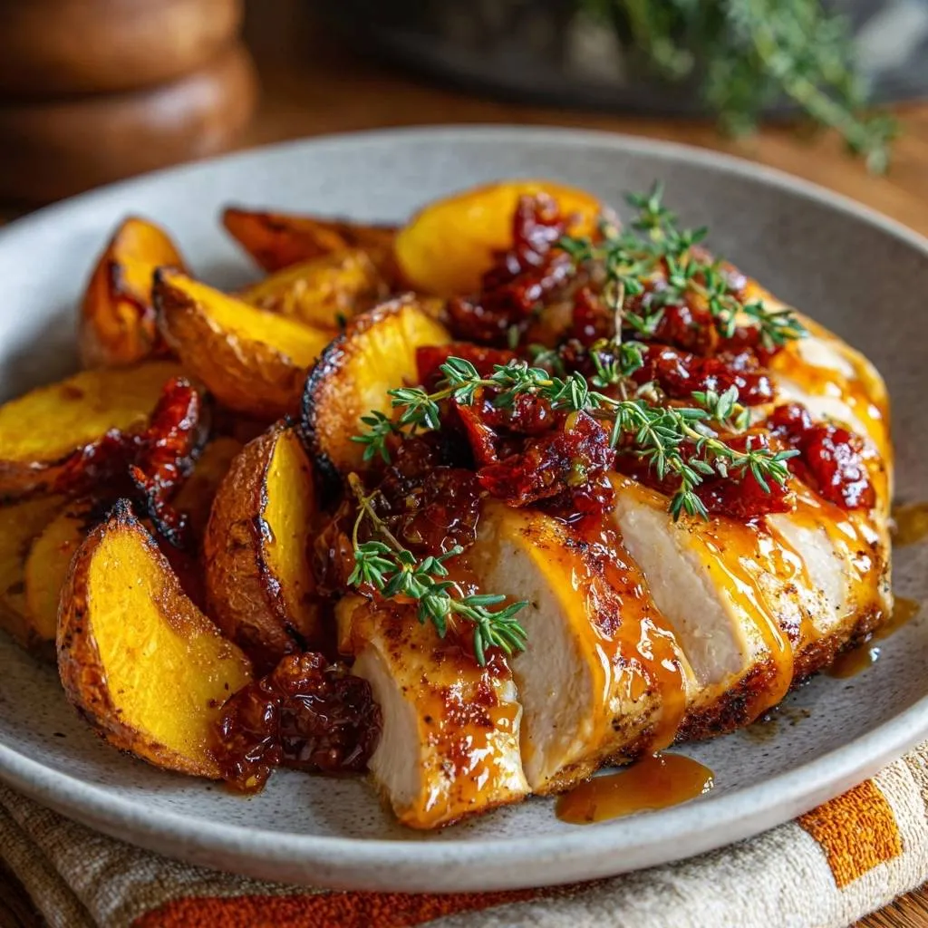 Sun-dried tomato thyme chicken with crispy potato wedges, plated and sliced to showcase the tender interior.