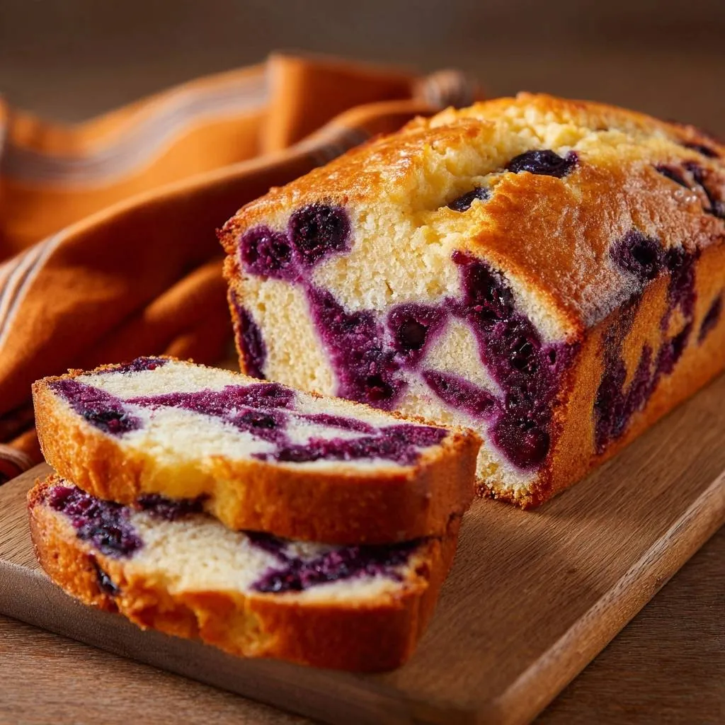 Swirled blueberry loaf with two slices showing the vibrant blueberry swirls and tender crumb.
